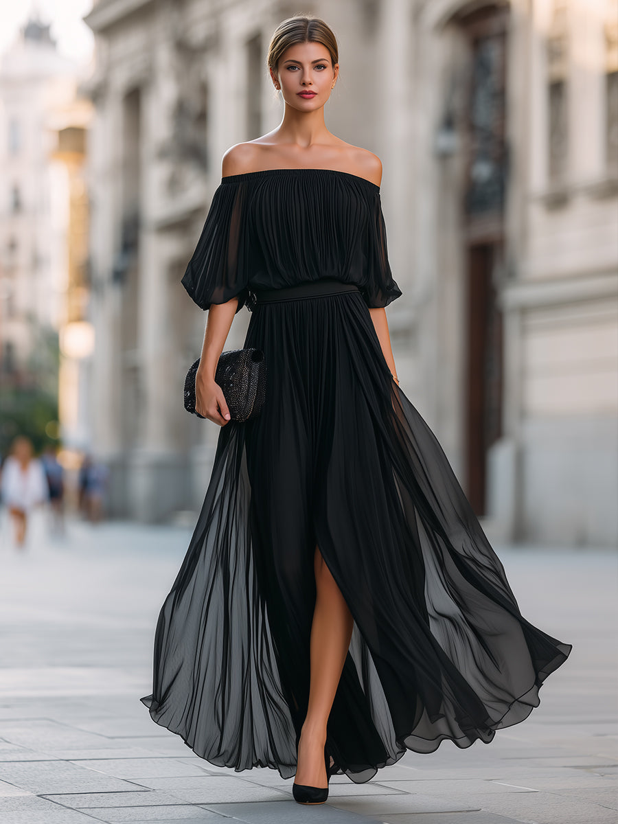 Celina | Women's Elegant Off Shoulder Formal Wedding Guest Maxi Dress with Pleated Skirt