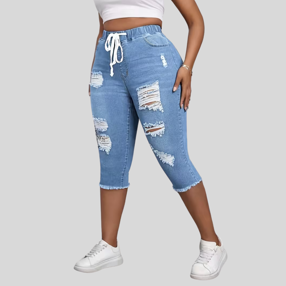 Elastic Waist Ripped Denim Shorts
