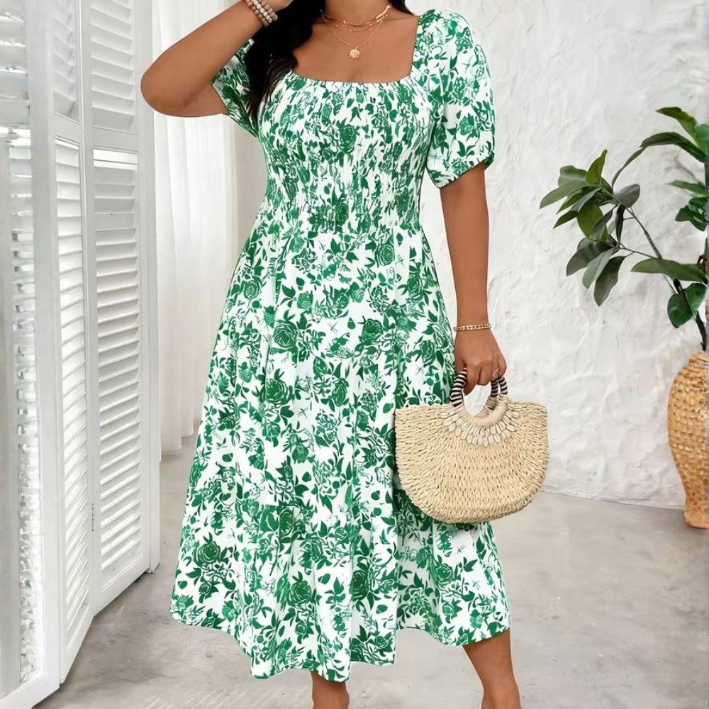 Plus Size Square Neck Floral Midi Dress