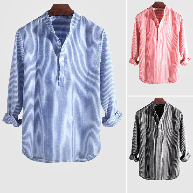 Striped Cotton-Linen Shirt with Henley Collar for Men
