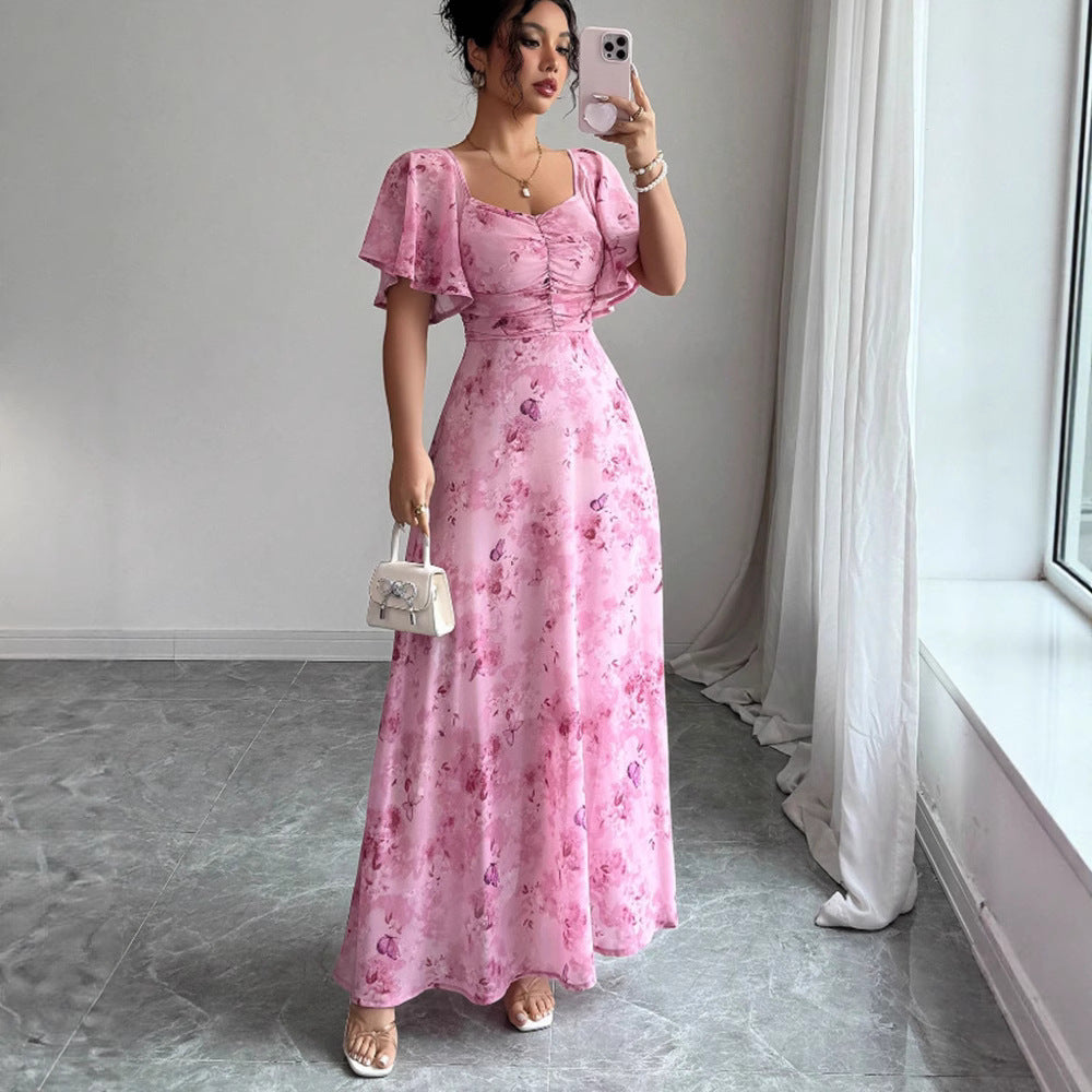 Floral Wedding Guest Maxi Dress with Short Sleeves for Women