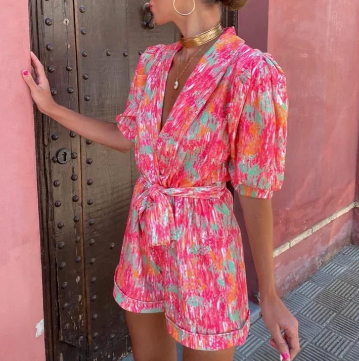Wedding Guest Romper with Puff Sleeves and Belt for Women