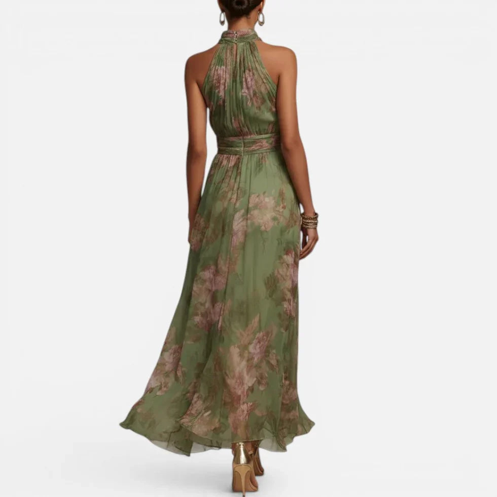Maxi dress, floral pattern, sleeveless, halter neck
