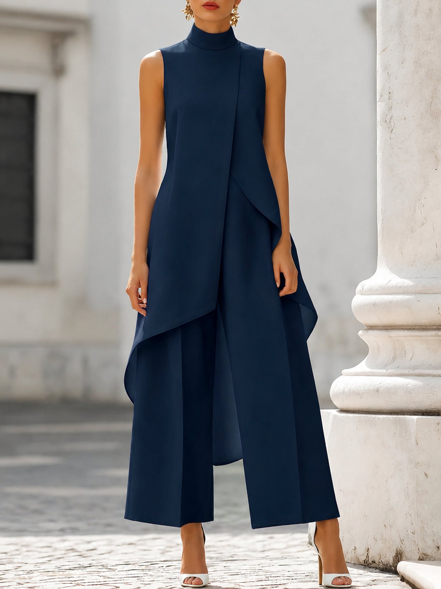 Sleeveless Wide-Leg Trouser Set with High Neck for Women