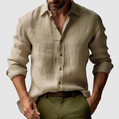 Linen Shirt with Button-Down Collar and Long Sleeves for Men