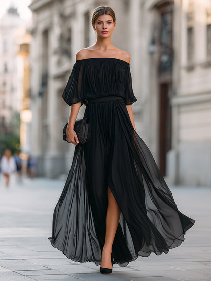 Elina | Women's Elegant Off Shoulder Formal Wedding Guest Maxi Dress with Pleated Skirt