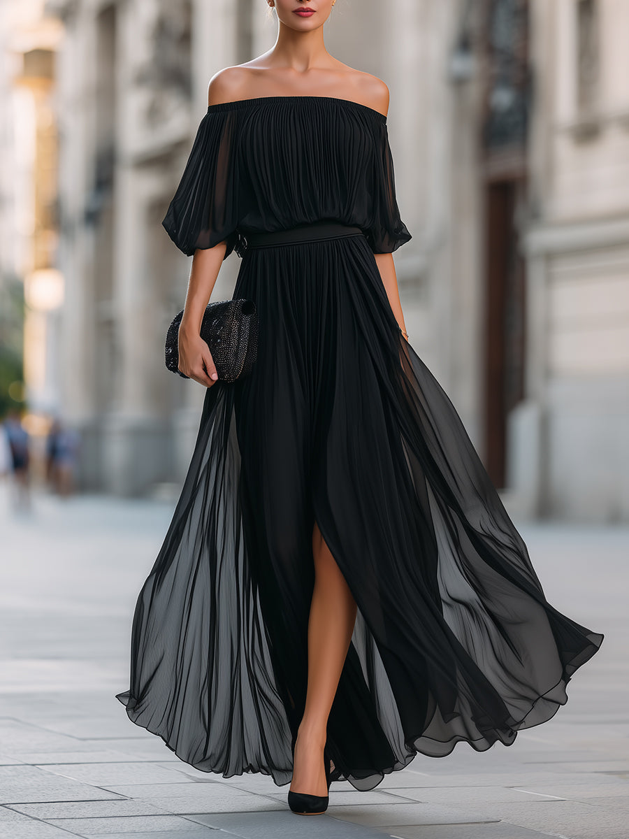 Celina | Women's Elegant Off Shoulder Formal Wedding Guest Maxi Dress with Pleated Skirt