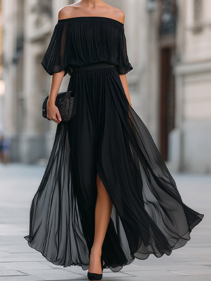 Elina | Women's Elegant Off Shoulder Formal Wedding Guest Maxi Dress with Pleated Skirt