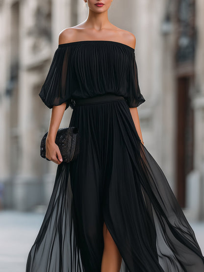 Celina | Women's Elegant Off Shoulder Formal Wedding Guest Maxi Dress with Pleated Skirt