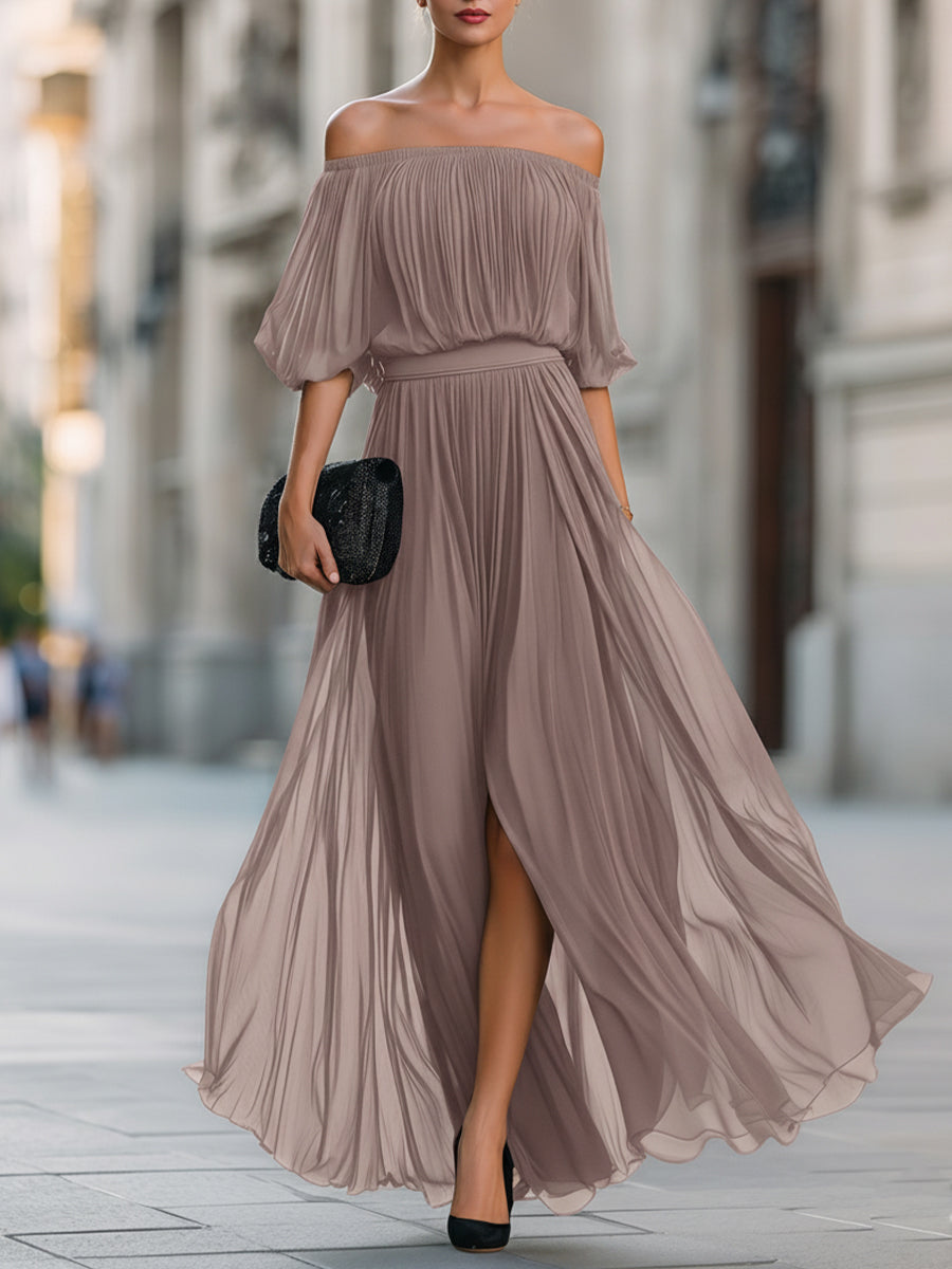 Elina | Women's Elegant Off Shoulder Formal Wedding Guest Maxi Dress with Pleated Skirt