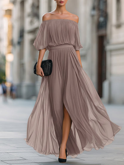 Celina | Women's Elegant Off Shoulder Formal Wedding Guest Maxi Dress with Pleated Skirt