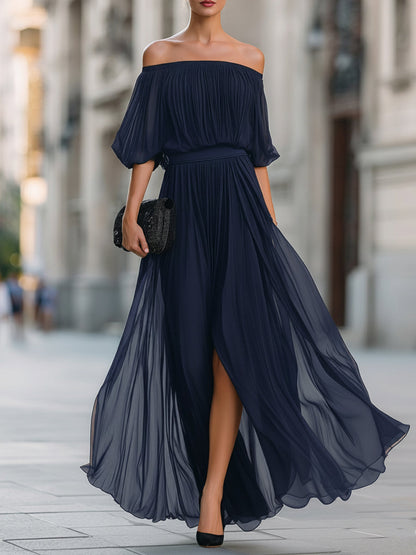 Celina | Women's Elegant Off Shoulder Formal Wedding Guest Maxi Dress with Pleated Skirt