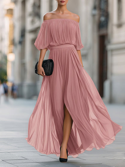 Elina | Women's Elegant Off Shoulder Formal Wedding Guest Maxi Dress with Pleated Skirt