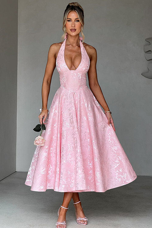 V-Neck Halterneck Maxi Wedding Guest Dress for Women