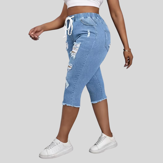 Elastic Waist Ripped Denim Shorts