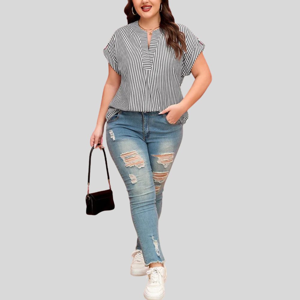 Notch Stripe Plus Size Blouse