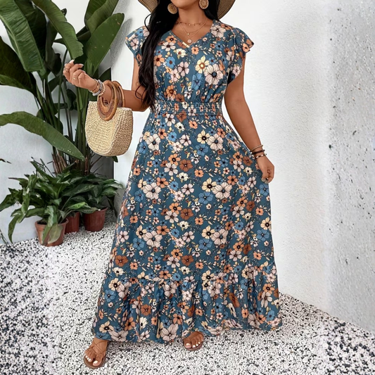 Plus Size Floral V Neck Vacation Maxi Dress
