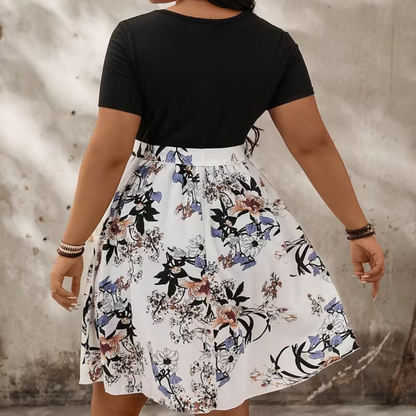 Plus Size Patchwork Floral Tie Waist Dress