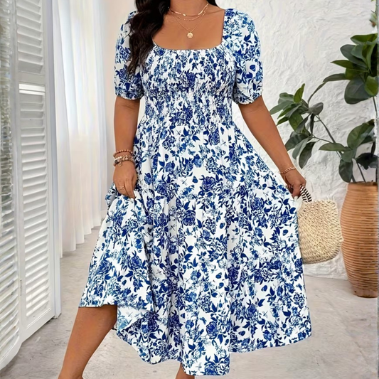 Plus Size Square Neck Floral Midi Dress