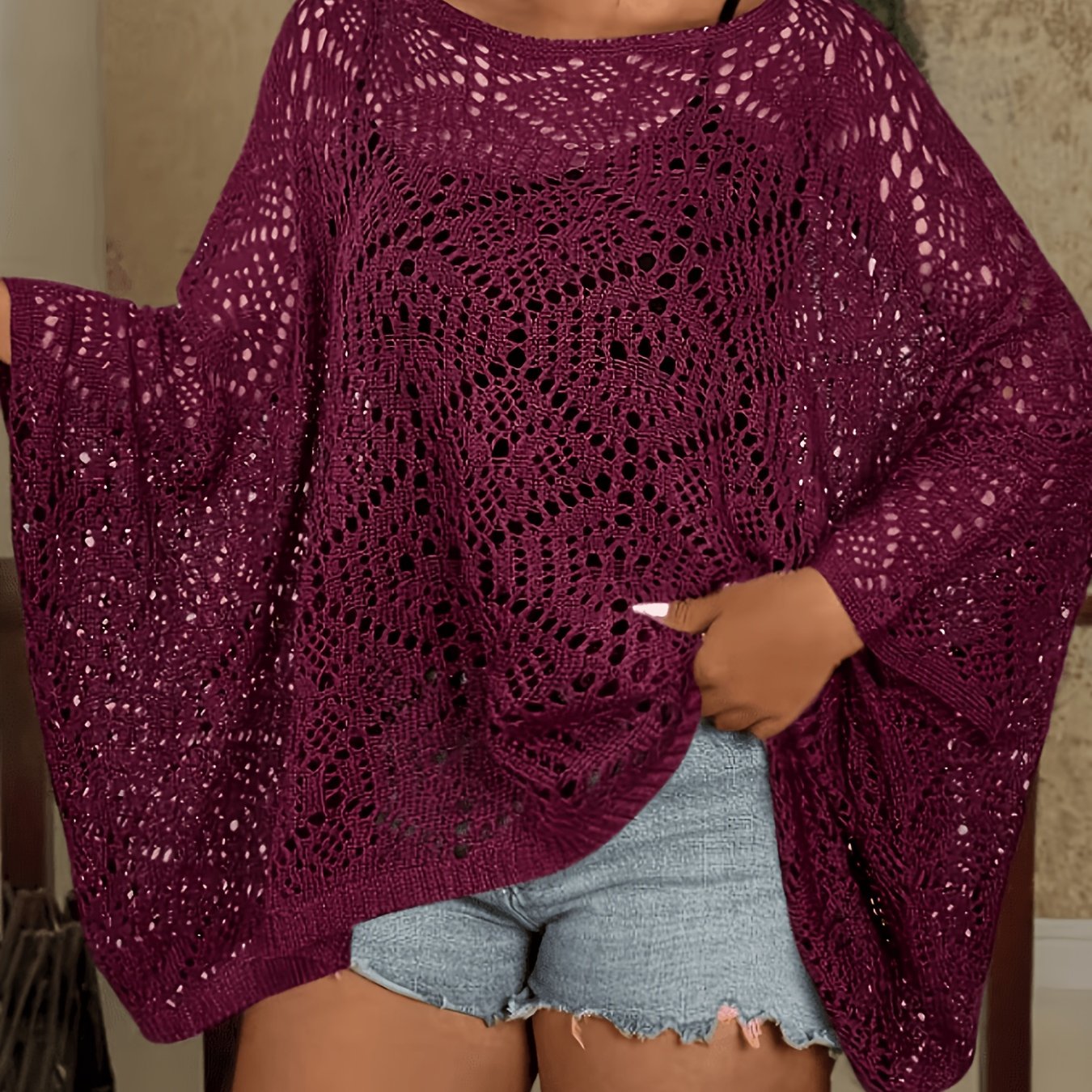 Plus Size Crochet Batwing Top