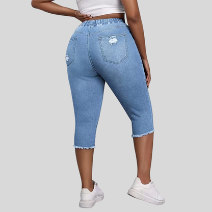 Elastic Waist Ripped Denim Shorts