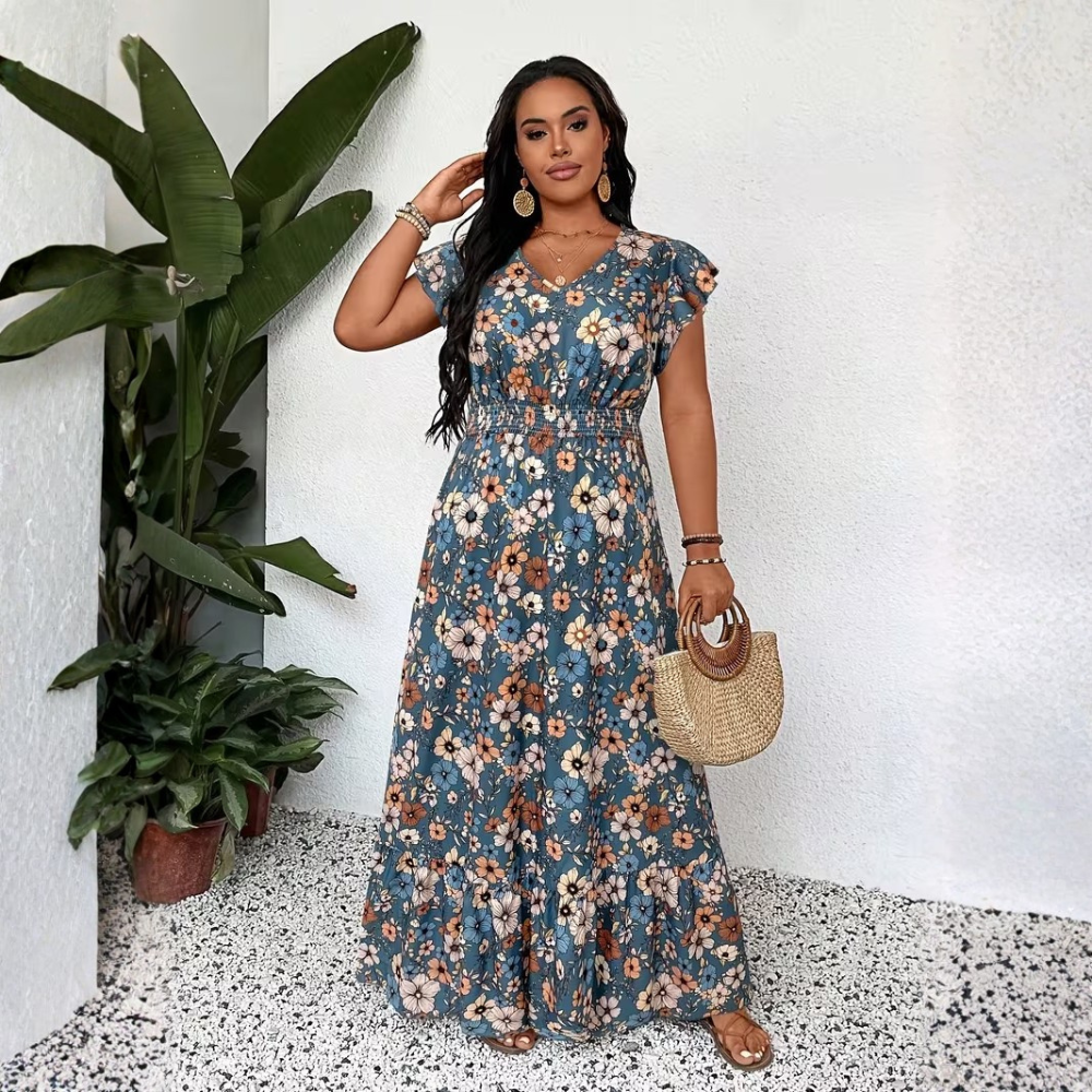 Plus Size Floral V Neck Vacation Maxi Dress