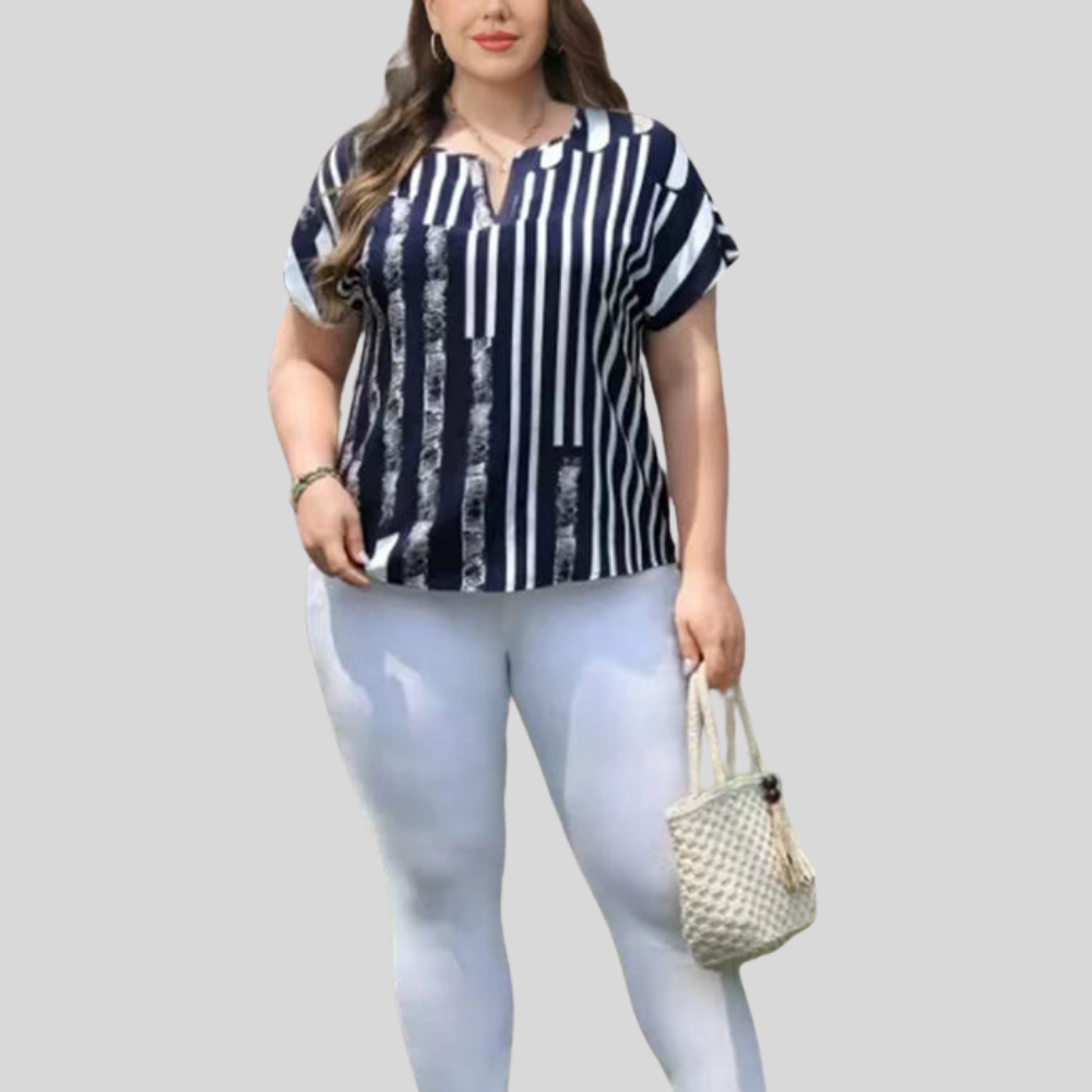 Striped Notch Plus Size Blouse