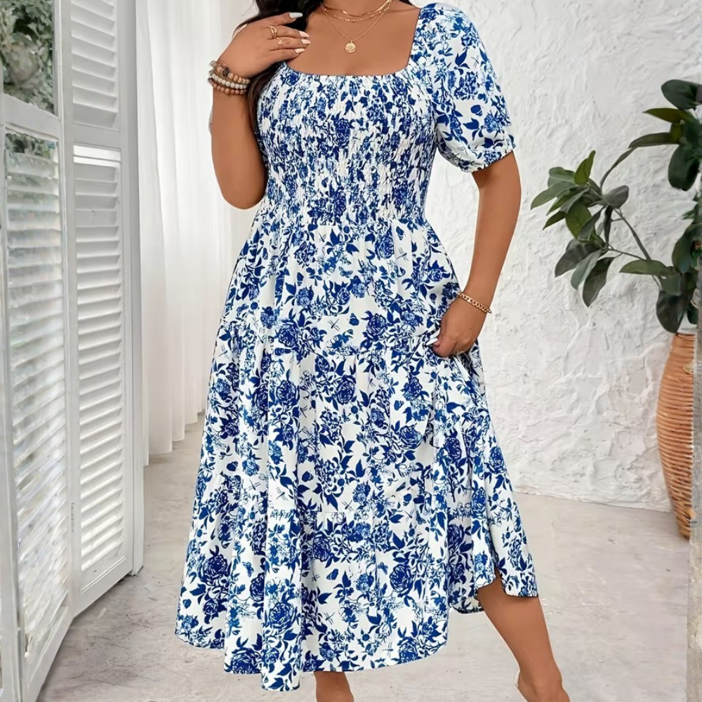Plus Size Square Neck Floral Midi Dress