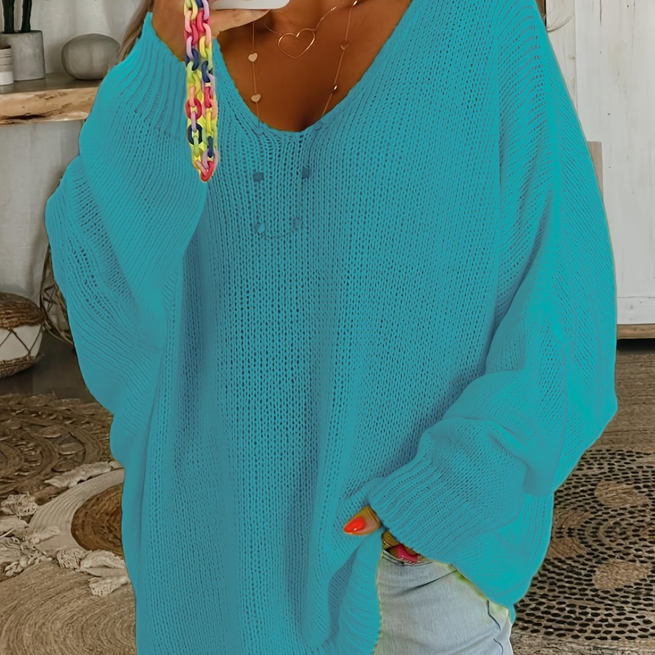 Plus Size V Neck Knitted Sweater