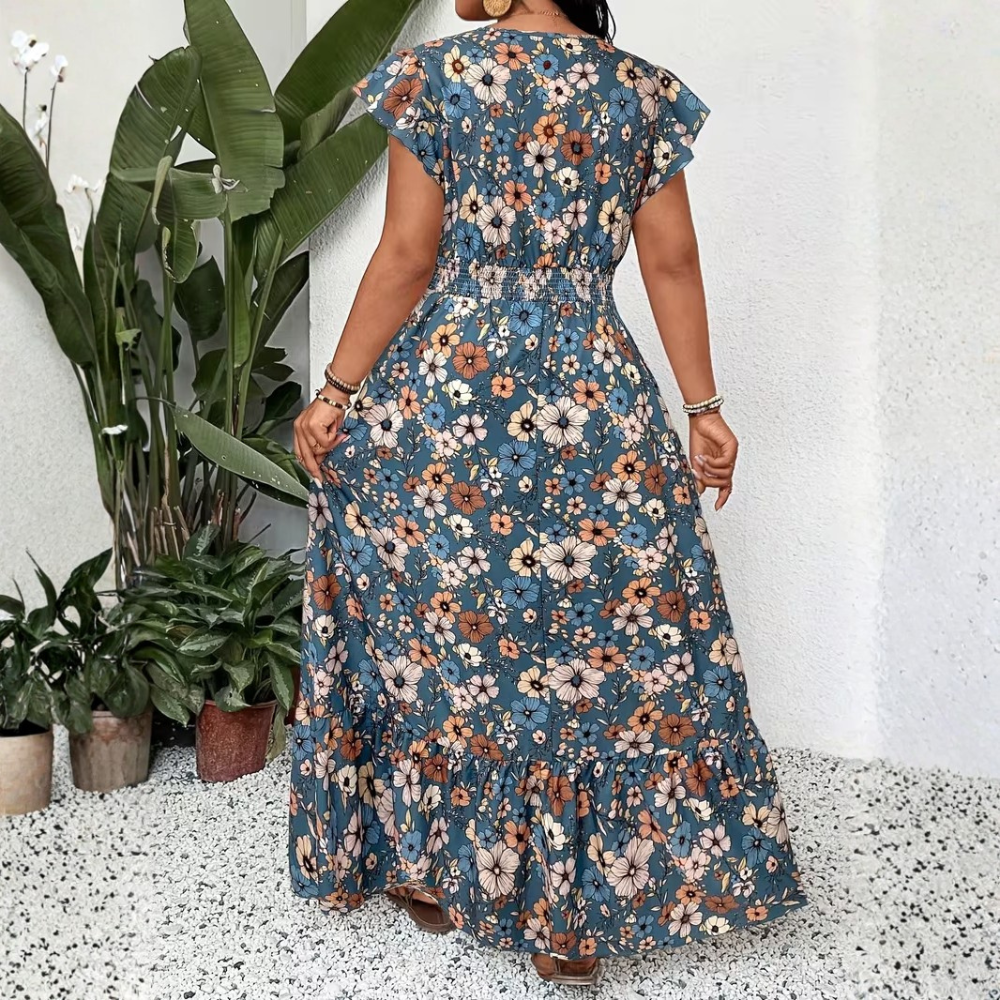 Plus Size Floral V Neck Vacation Maxi Dress