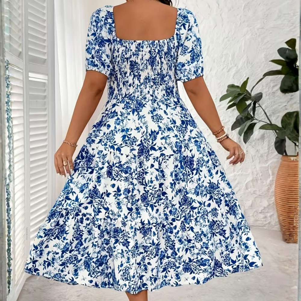 Plus Size Square Neck Floral Midi Dress