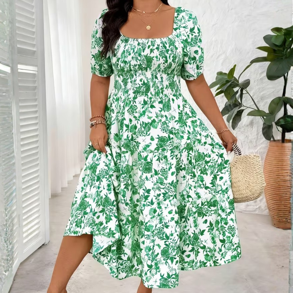 Plus Size Square Neck Floral Midi Dress