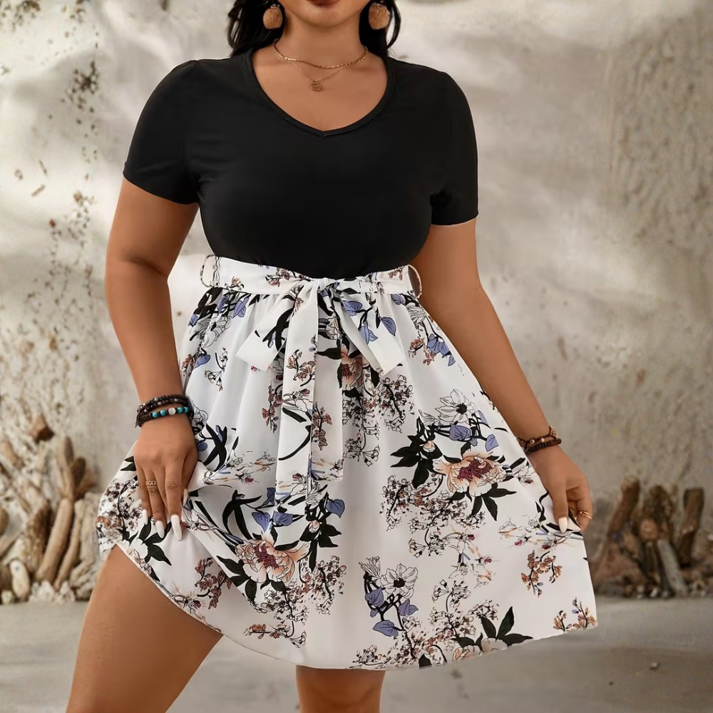 Plus Size Patchwork Floral Tie Waist Dress