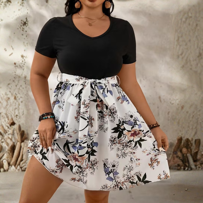 Plus Size Patchwork Floral Tie Waist Dress