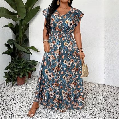 Plus Size Floral V Neck Vacation Maxi Dress