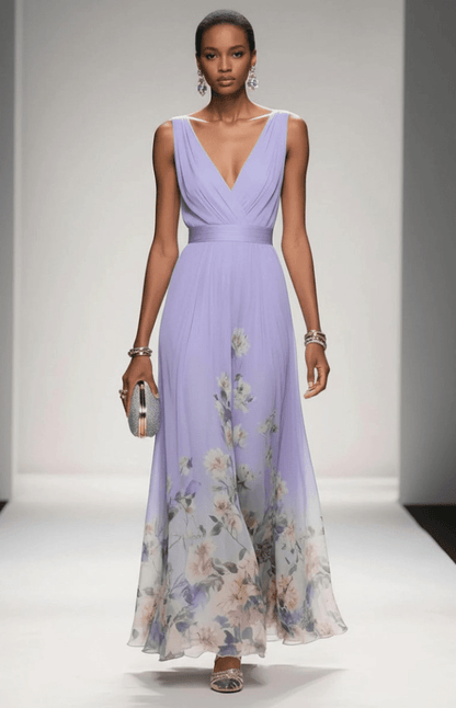 ELORIA – Elegant Floral Chiffon Maxi Dress for Women, Soft Flowing Fit