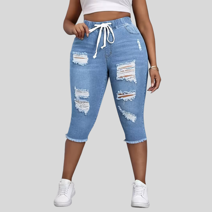 Elastic Waist Ripped Denim Shorts