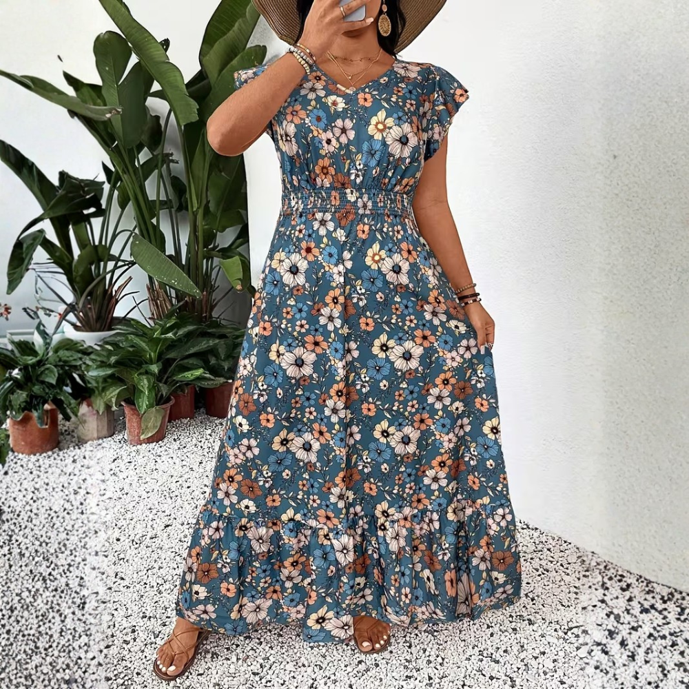 Plus Size Floral V Neck Vacation Maxi Dress