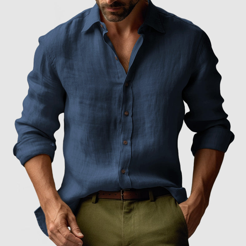 Linen Shirt with Button-Down Collar and Long Sleeves for Men