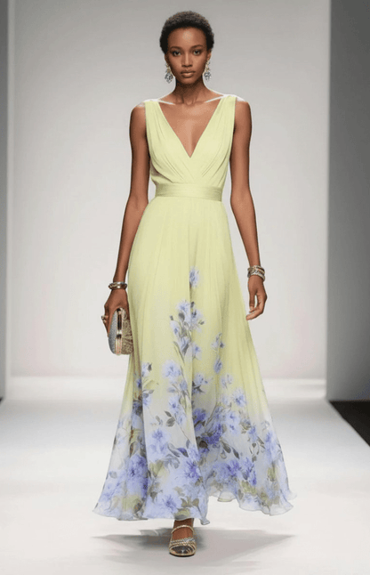 ELORIA – Elegant Floral Chiffon Maxi Dress for Women, Soft Flowing Fit