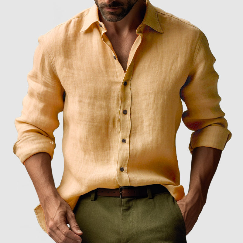 Linen Shirt with Button-Down Collar and Long Sleeves for Men