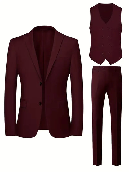 Slim Fit Double-Breasted Three-Piece Suit Set with Waistcoat for Men