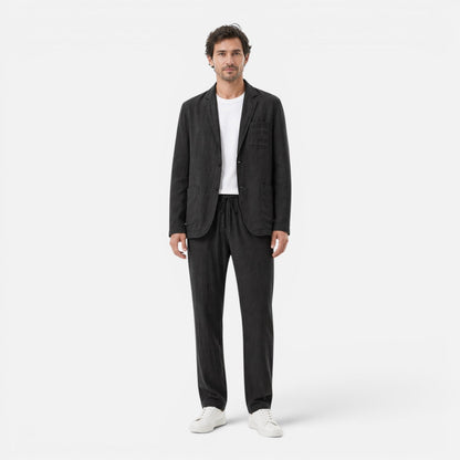Men's Linen Two-Piece Suit Set - Blazer and Elastic Waist Pants