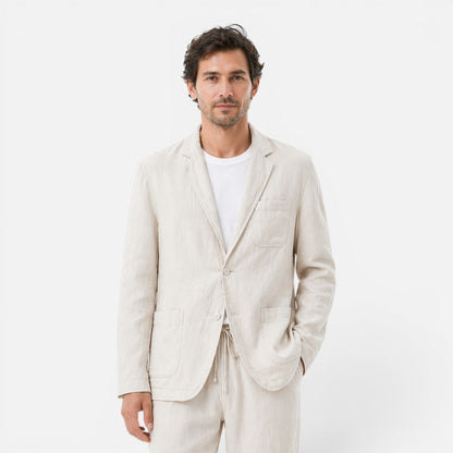 Men's Linen Two-Piece Suit Set - Blazer and Elastic Waist Pants