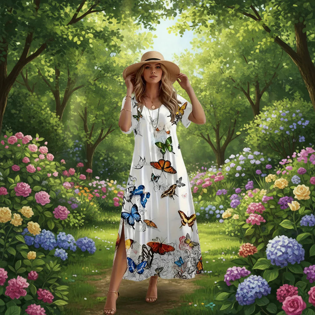 Chic Plus Size V-Neck Butterfly Print Dress with Split Hem 6
