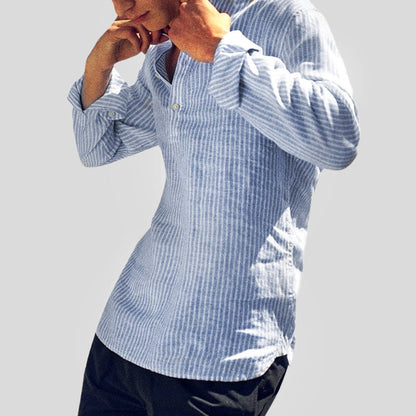 Striped Cotton-Linen Shirt with Henley Collar for Men