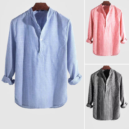 Striped Cotton-Linen Shirt with Henley Collar for Men