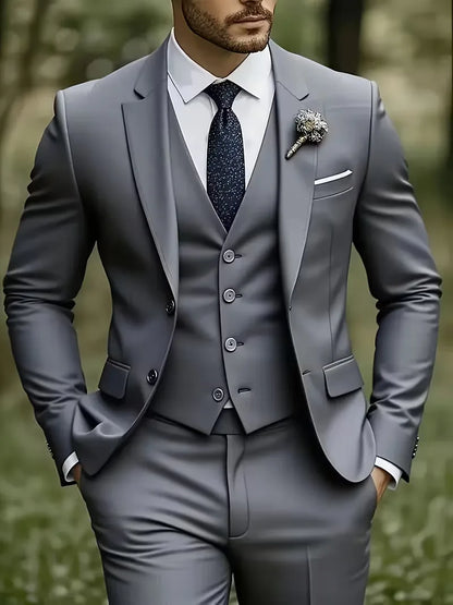 Slim Fit Three-Piece Suit Set with Notched Lapels and Waistcoat for Men