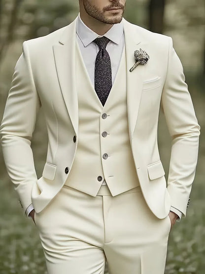 Slim Fit Three-Piece Suit Set with Notched Lapels and Waistcoat for Men