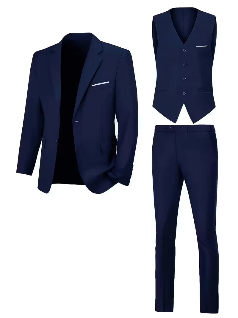 Slim Fit Three-Piece Suit Set with Notched Lapels and Waistcoat for Men